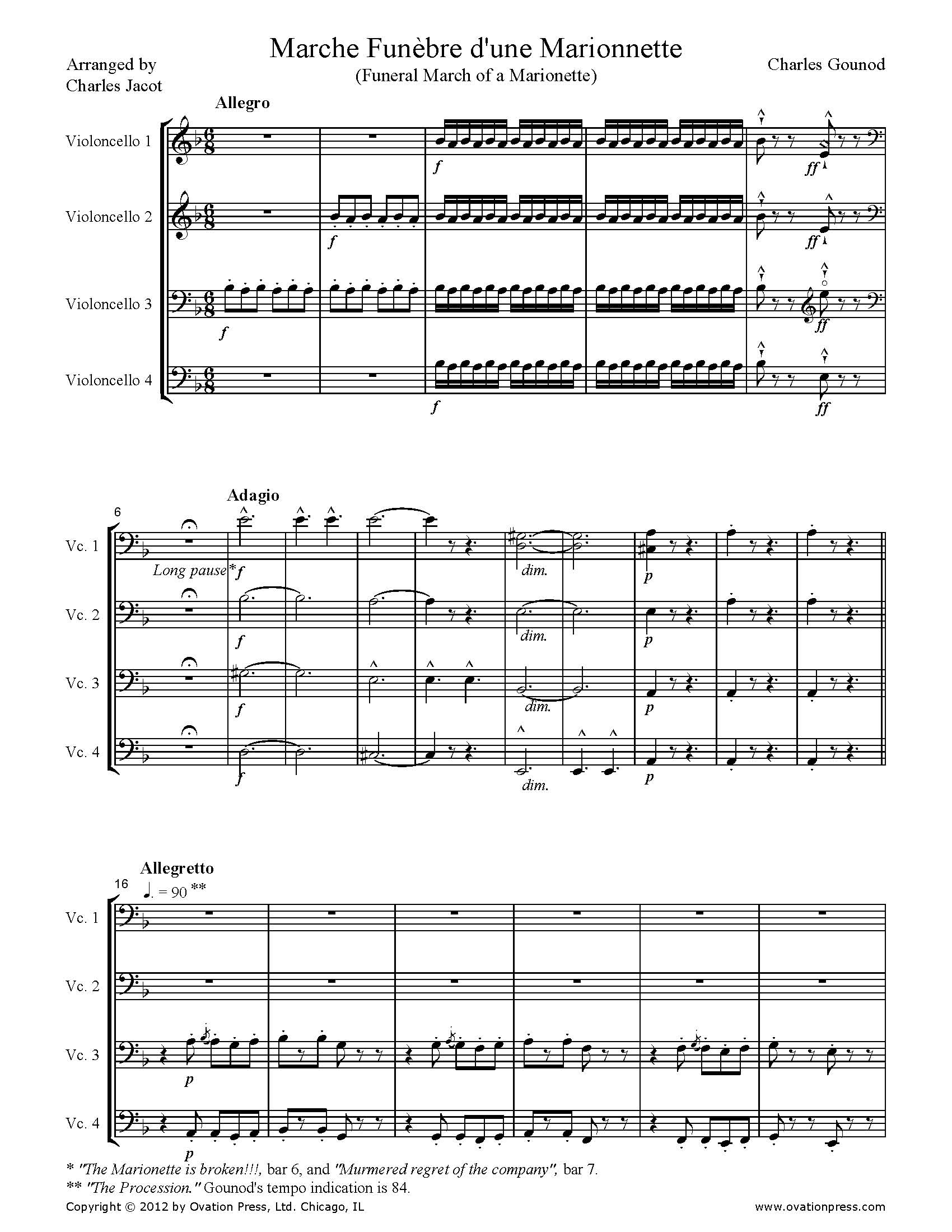 Gounod Marche Funèbre d'une Marionnette Arranged for Cello Quartet