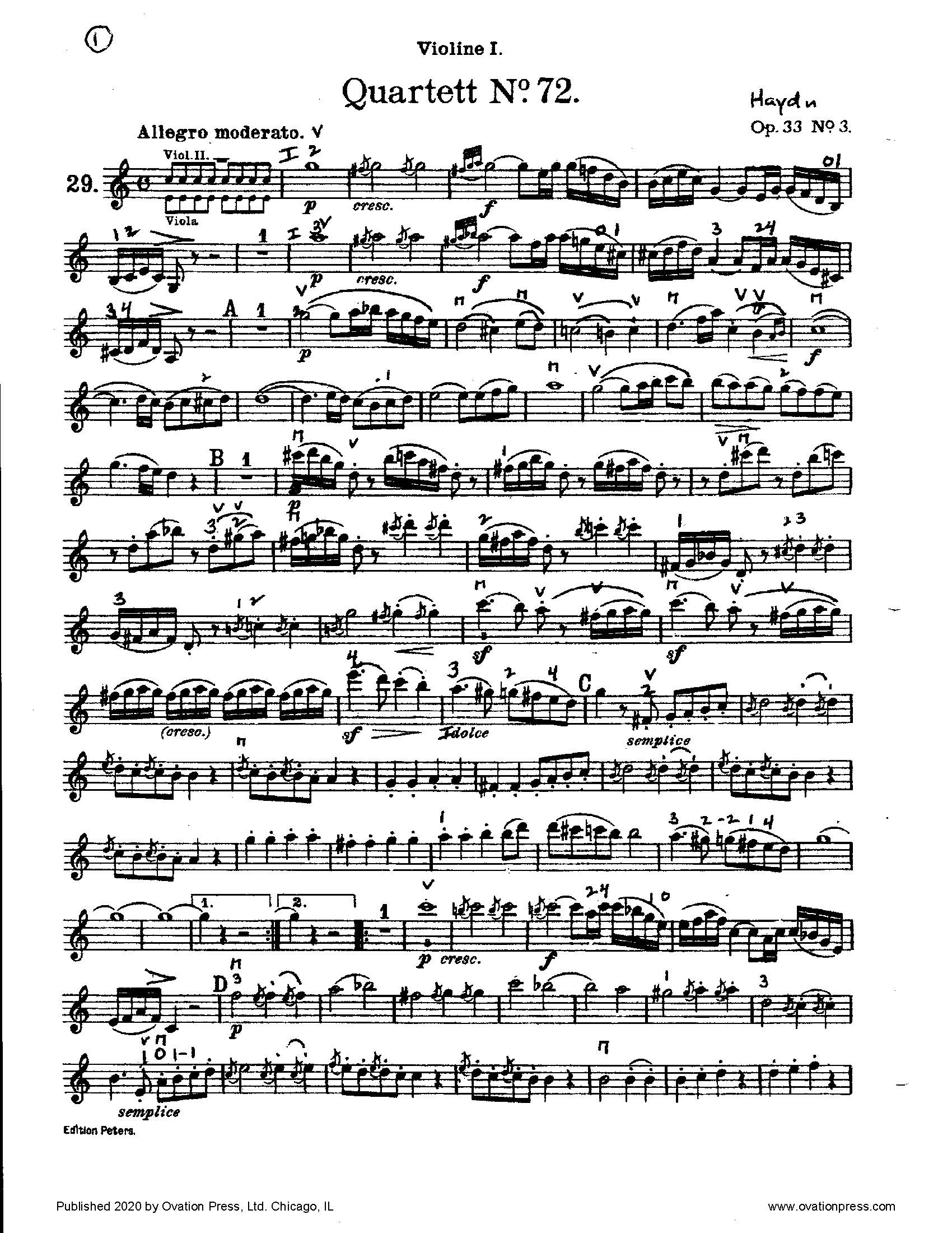Haydn Quartet in C Major, Op. 33 No. 3 for Intermediate String Quartet