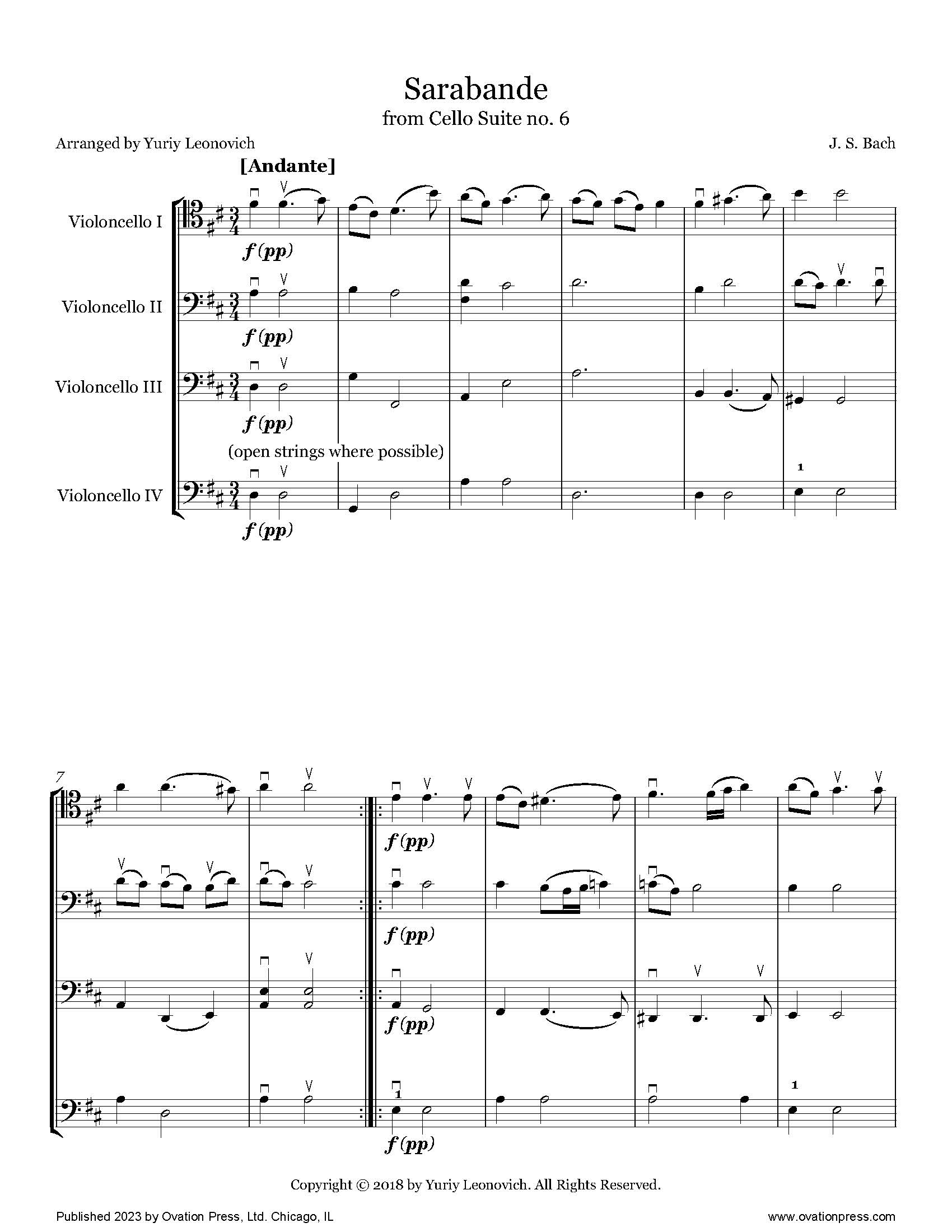 Bach Sarabande from Cello Suite No. 6 for Cello Quartet