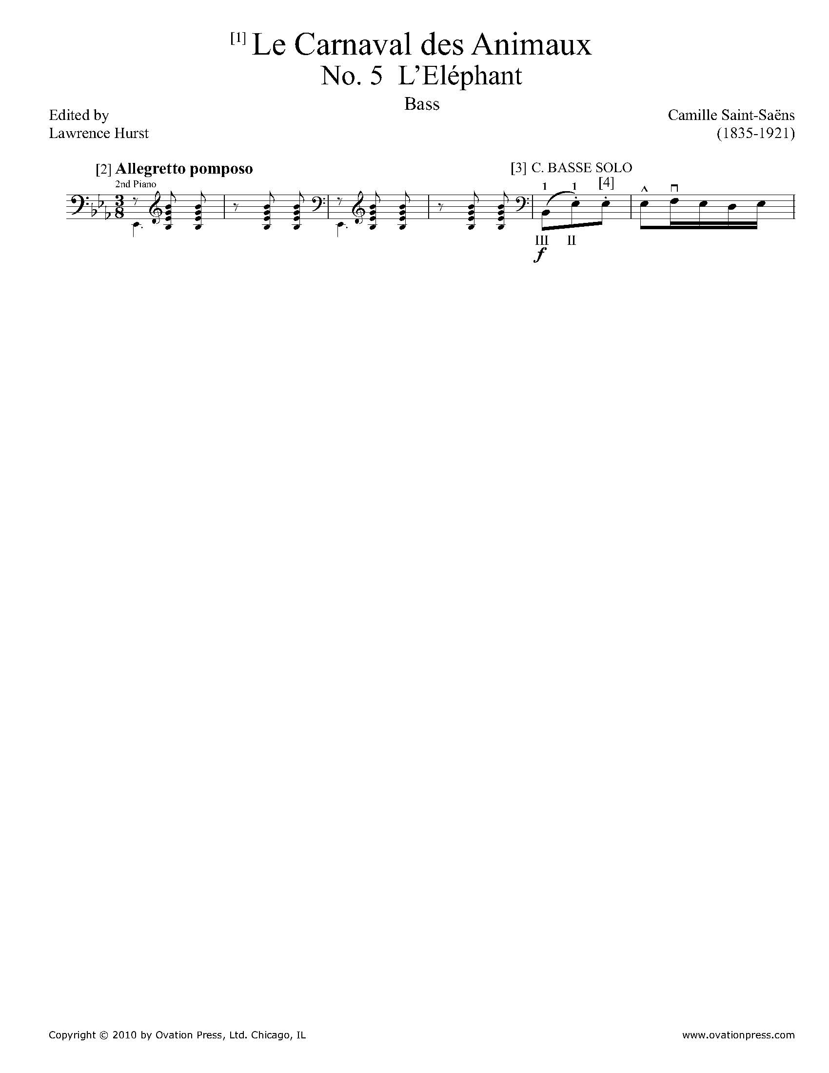 Le Carnaval des Animaux” No. 5, “L'Eléphant” Sheet music for Piano,  Contrabass (Solo)
