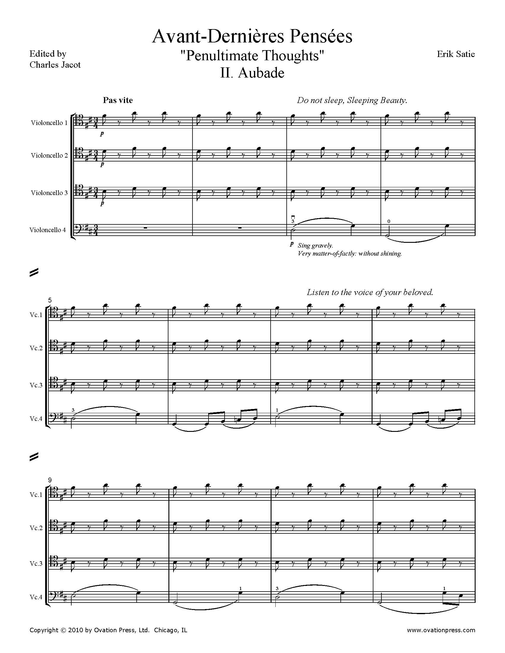 Satie Avant-Dernières Pensées - Aubade Arranged for Cello Quartet