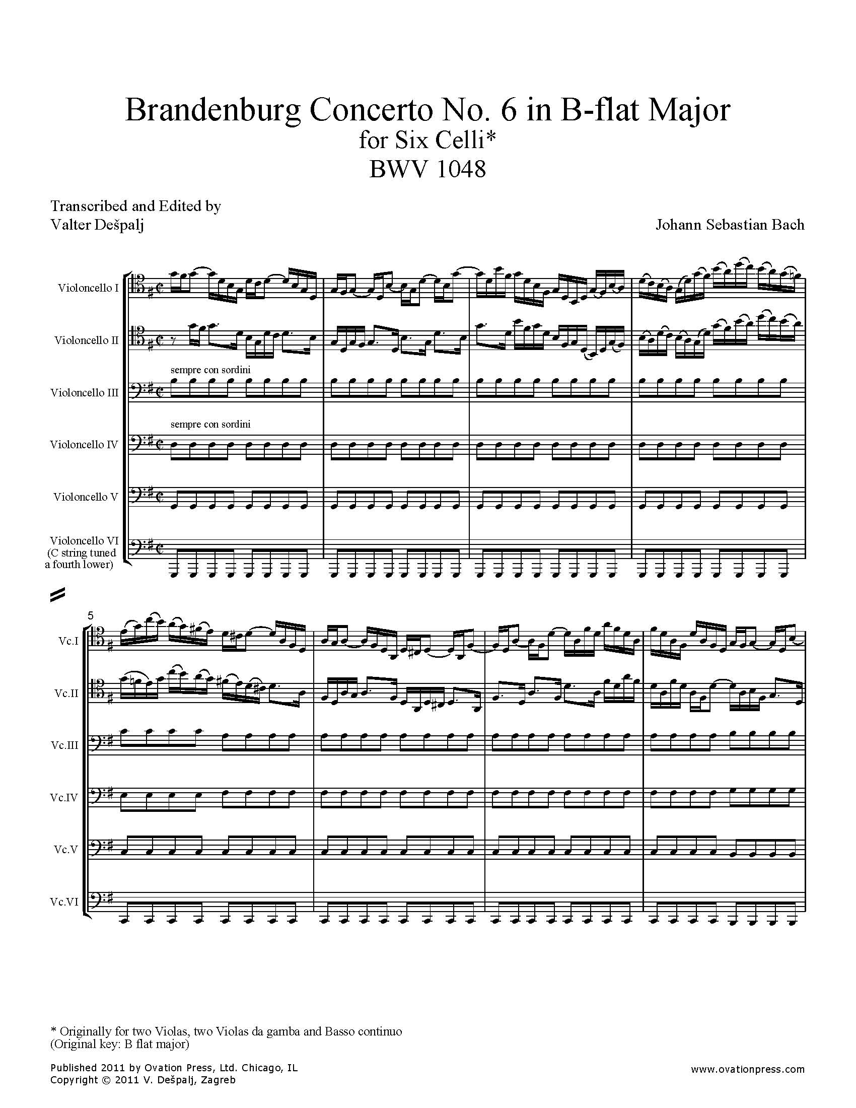 Bach Brandenburg Concerto No. 6 Arranged for Cello Sextet