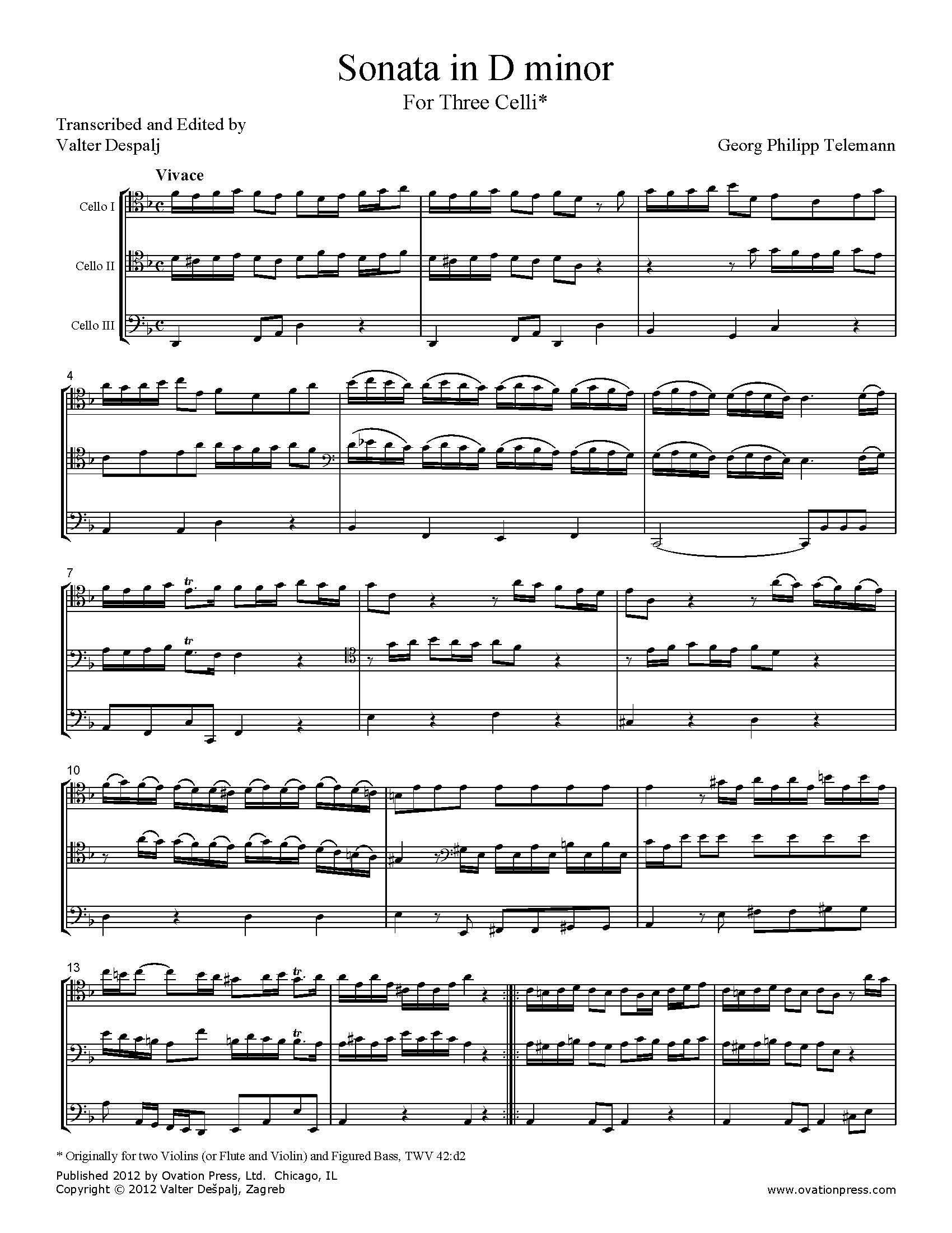 Telemann Sonata in D minor Arranged for Cello Trio