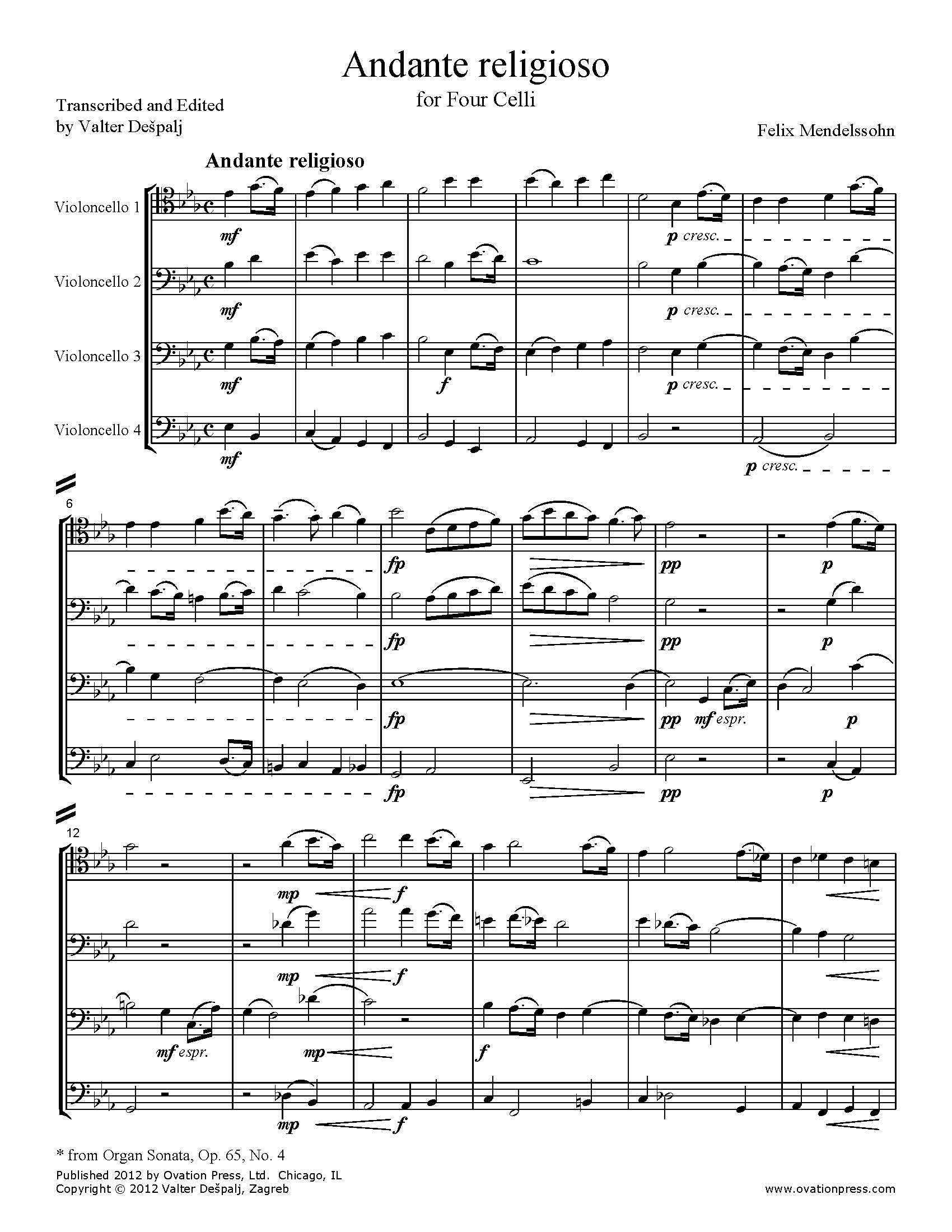 Mendelssohn Andante religioso Arranged for Cello Quartet