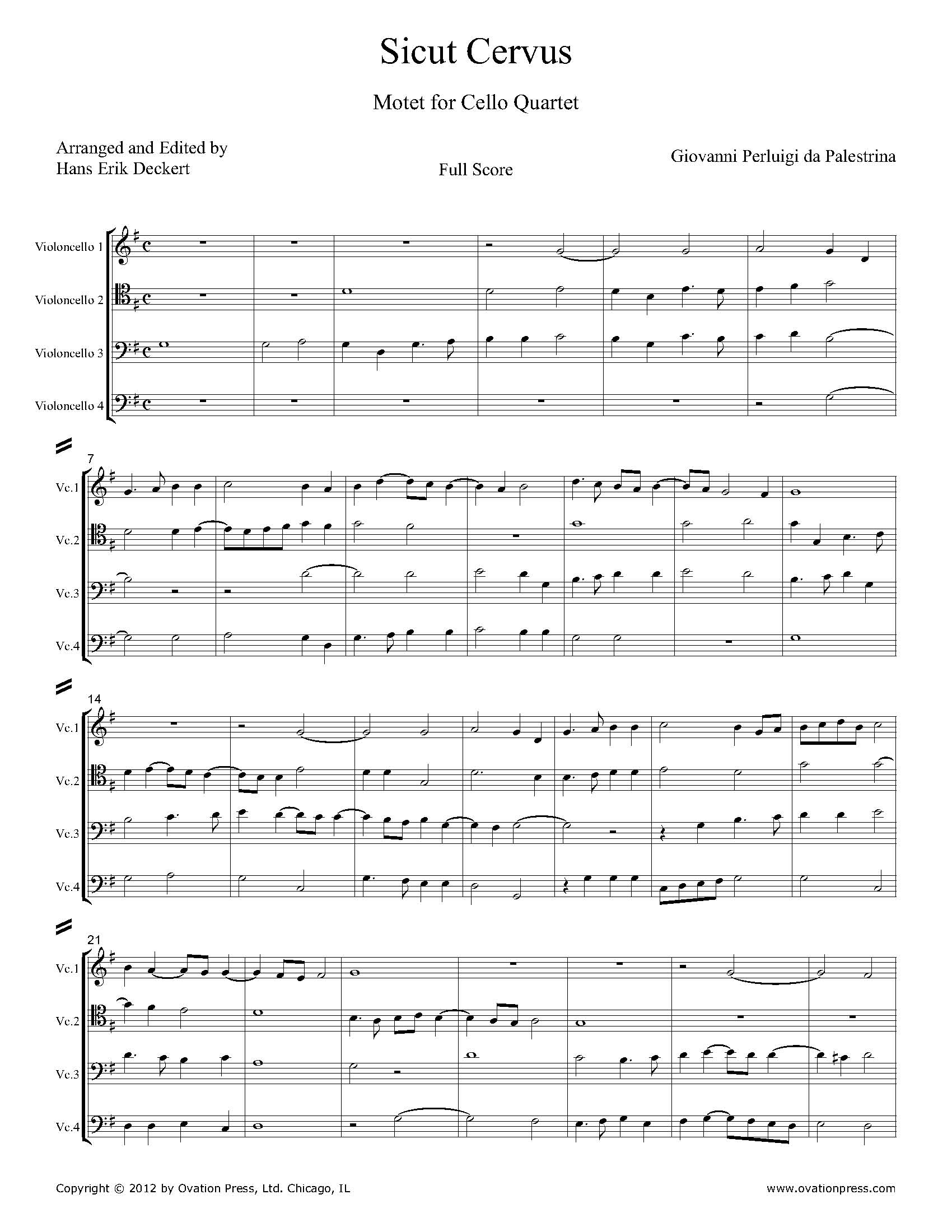 Palestrina Sicut Cervus Arranged for Cello Quartet