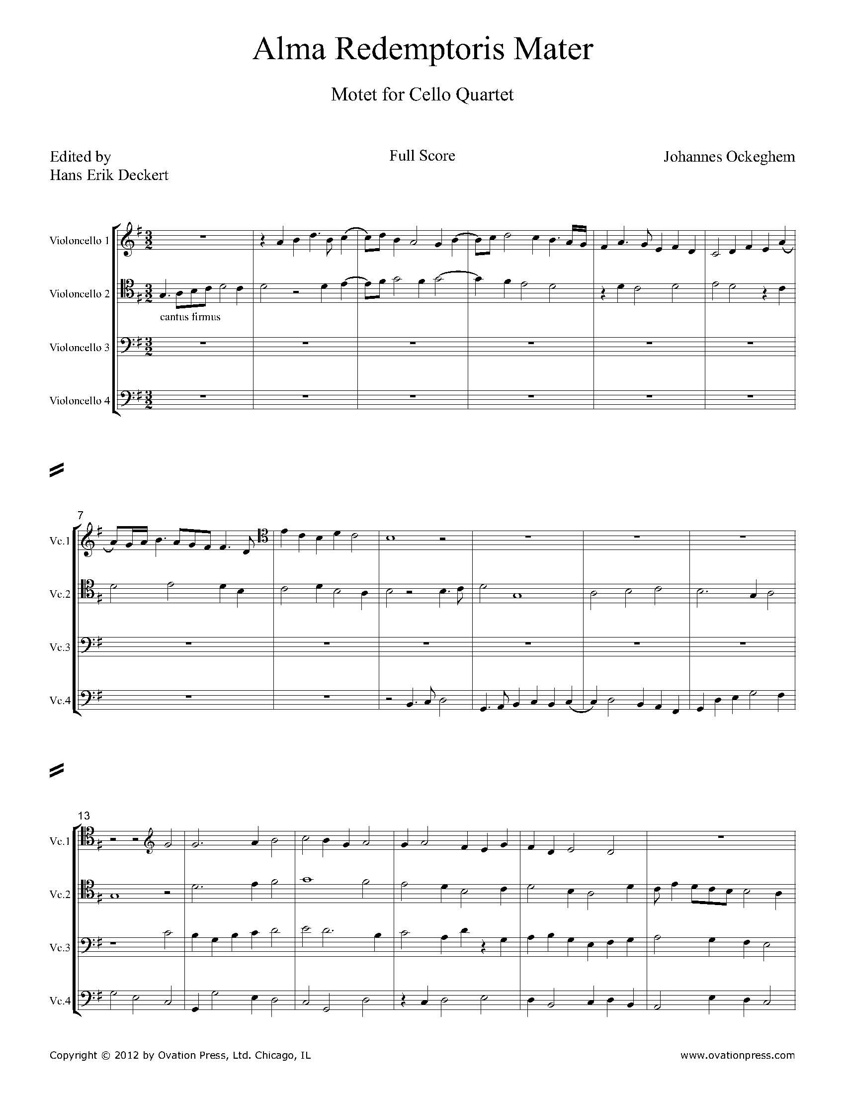 Ockeghem Alma Redemptoris Mater Arranged for Cello Quartet